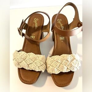 Seychelles Jump for Joy Women's Wood Heeled Sandals w Macrame Detail Size 7